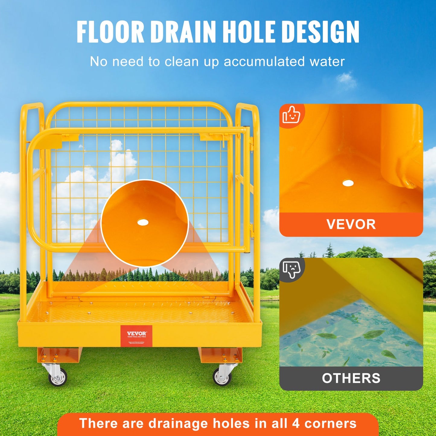 Forklift Safety Cage, 1200 lbs Load Capacity, 36 x 36 Inch Foldable Forklift Work Platform with Lockable Swivel Wheels, Drain Holes and Drive Chain, Accommodates 1 to 2 Adults, Perfect for Aerial Work