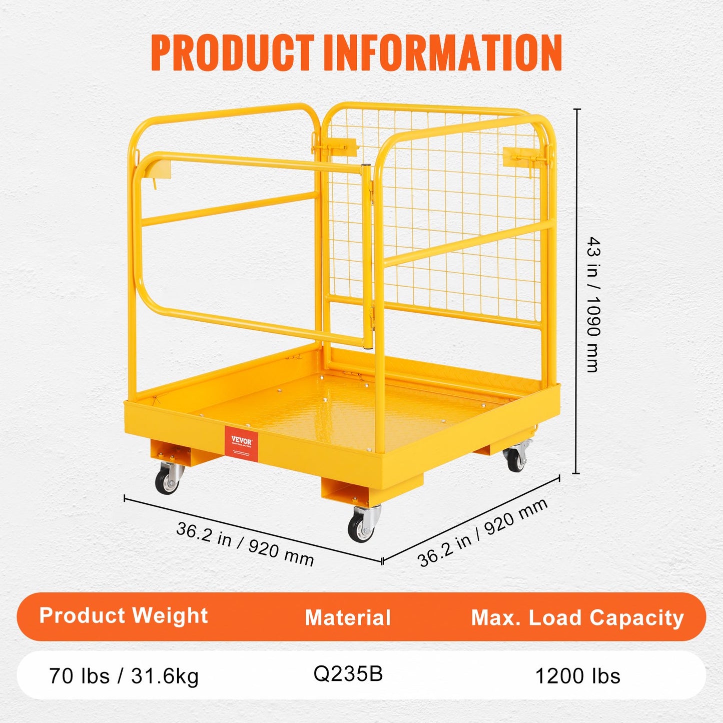 Forklift Safety Cage, 1200 lbs Load Capacity, 36 x 36 Inch Foldable Forklift Work Platform with Lockable Swivel Wheels, Drain Holes and Drive Chain, Accommodates 1 to 2 Adults, Perfect for Aerial Work
