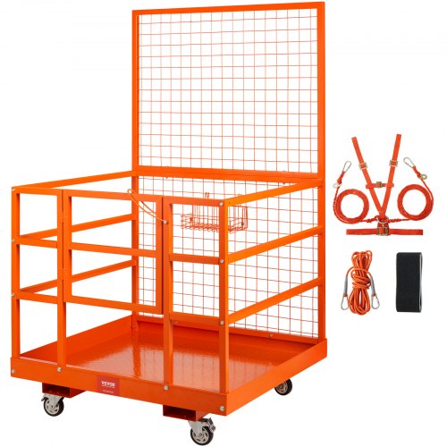 Forklift Safety Cage, 1400lbs Load Capacity, 43'' x 45'' Forklift Work Platform with Safety Harness & Lock, Drain Hole & Wheels & Tool Basket, Dual Nonslip Design Perfect for Aerial Work