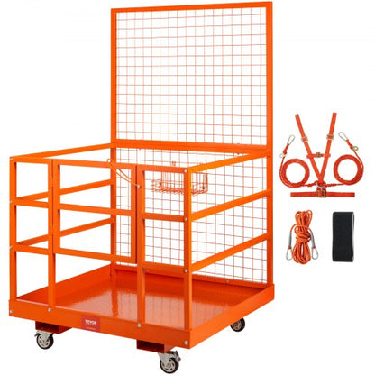 Forklift Safety Cage, 1400lbs Load Capacity, 43'' x 45'' Forklift Work Platform with Safety Harness & Lock, Drain Hole & Wheels & Tool Basket, Dual Nonslip Design Perfect for Aerial Work