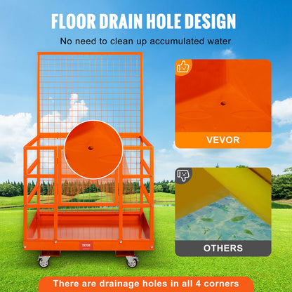 Forklift Safety Cage, 1400lbs Load Capacity, 43'' x 45'' Forklift Work Platform with Safety Harness & Lock, Drain Hole & Wheels & Tool Basket, Dual Nonslip Design Perfect for Aerial Work