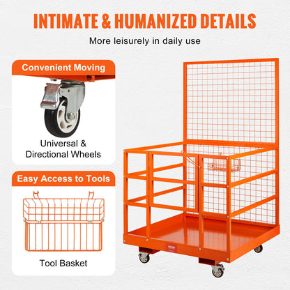 Forklift Safety Cage, 1400lbs Load Capacity, 43'' x 45'' Forklift Work Platform with Safety Harness & Lock, Drain Hole & Wheels & Tool Basket, Dual Nonslip Design Perfect for Aerial Work