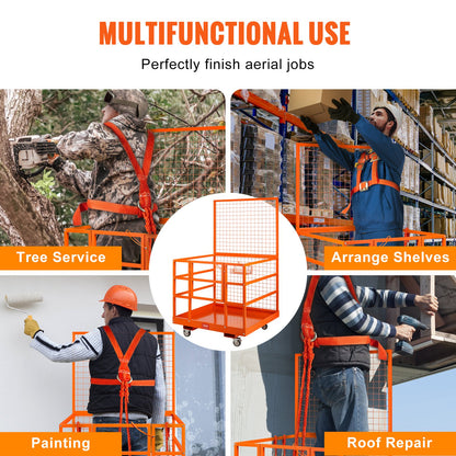 Forklift Safety Cage, 1400lbs Load Capacity, 43'' x 45'' Forklift Work Platform with Safety Harness & Lock, Drain Hole & Wheels & Tool Basket, Dual Nonslip Design Perfect for Aerial Work