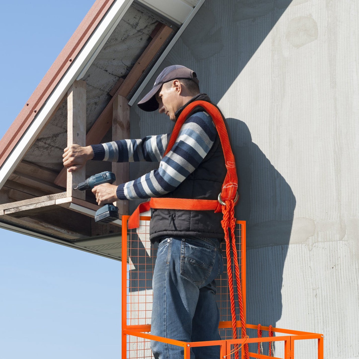 Forklift Safety Cage, 1400lbs Load Capacity, 43'' x 45'' Forklift Work Platform with Safety Harness & Lock, Drain Hole & Wheels & Tool Basket, Dual Nonslip Design Perfect for Aerial Work
