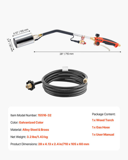 Propane Torch Weed Burner, High Output 1,800,000 BTU with 10 ft Hose, Heavy Duty Blow Torch with Adjustable Flame and Turbo Trigger Push Button Igniter, Flamethrower Kit for Garden Ice Snow Road
