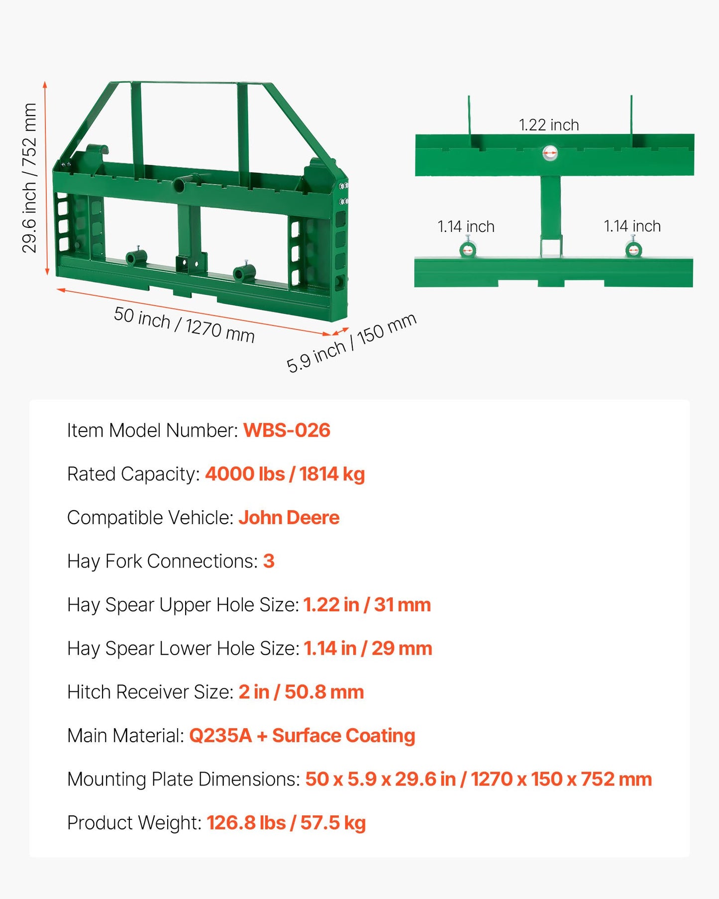 Skid Steer Pallet Frame, 4000 lbs Rated Load Capacity, 45-inch Pallet Fork Frame Attachments with 2-inch Hitch Receiver & Spear Sleeves, Fit for John Deere Loaders Quick Attach Mount, Frame Only