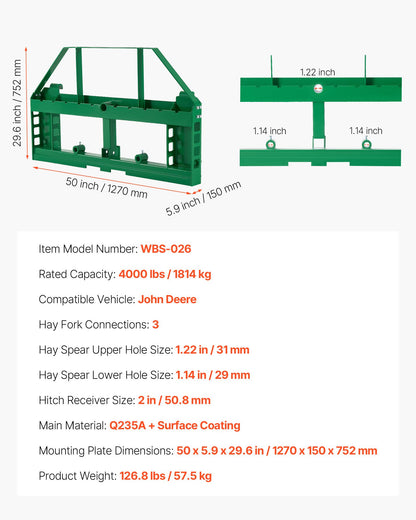 Skid Steer Pallet Frame, 4000 lbs Rated Load Capacity, 45-inch Pallet Fork Frame Attachments with 2-inch Hitch Receiver & Spear Sleeves, Fit for John Deere Loaders Quick Attach Mount, Frame Only