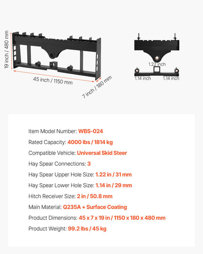 Skid Steer Pallet Frame, 4000 lbs Rated Load Capacity, 45-inch Pallet Fork Frame Attachments with 2-inch Hitch Receiver & Spear Sleeves, Fit for Loaders Tractors Quick Attach Mount, Frame Only