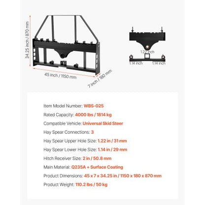 Komplett pallgaffelram, 1814 kg nominell kapacitet, 115 cm pallgaffelramfästen med 50,8 mm dragkrokfäste och spjuthylsor, passar för snabbkopplingstraktorlastare, endast ram |  EU