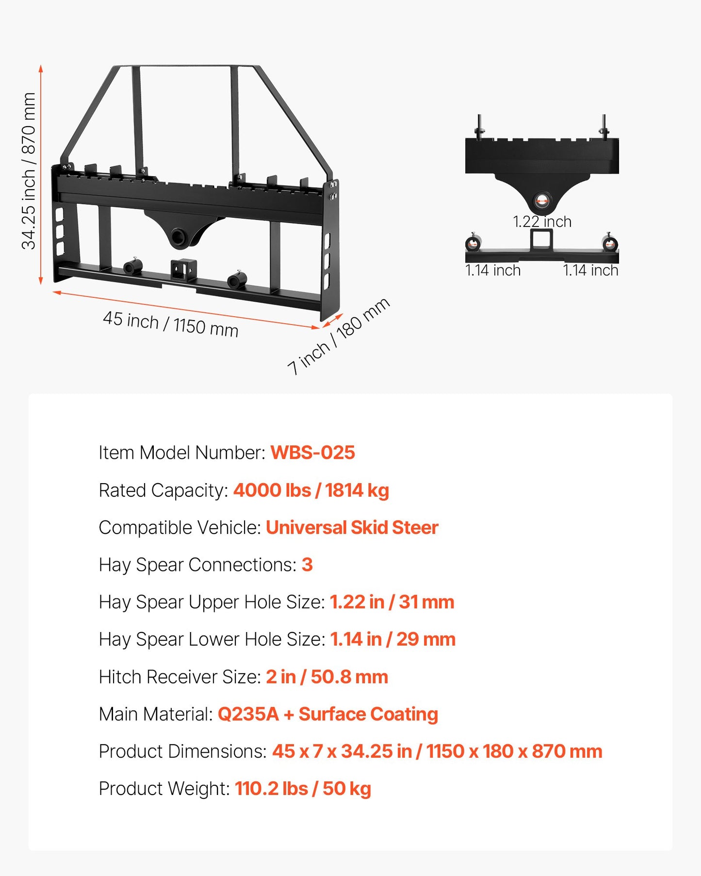 Skid Steer Pallet Fork Frame, 4000 lbs Rated Capacity, 45-inch Pallet Fork Frame Attachments with 2-inch Hitch Receiver & Spear Sleeves, Fit for Quick Attach Tractor Loaders, Frame Only