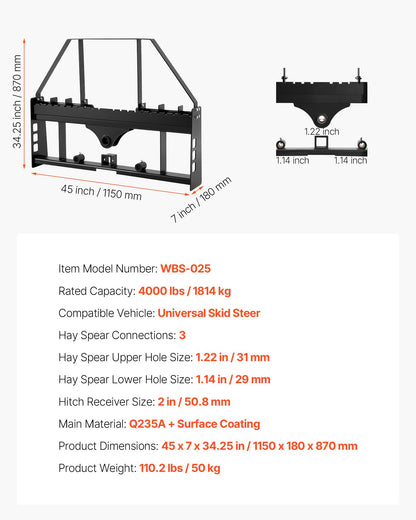Skid Steer Pallet Fork Frame, 4000 lbs Rated Capacity, 45-inch Pallet Fork Frame Attachments with 2-inch Hitch Receiver & Spear Sleeves, Fit for Quick Attach Tractor Loaders, Frame Only