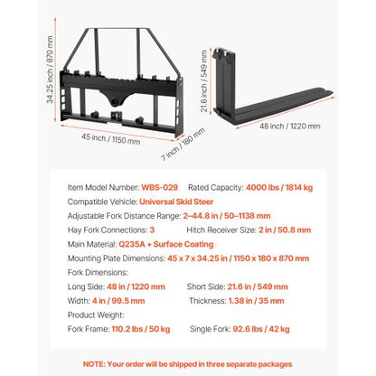 kompaktlastargafflar, 1814 kg nominell kapacitet, pallgaffelramfäste med 122 cm pallgafflar, 50,8 mm dragkrokfäste och spjuthylsor, passar för kompaktlastare, traktorer |  EU