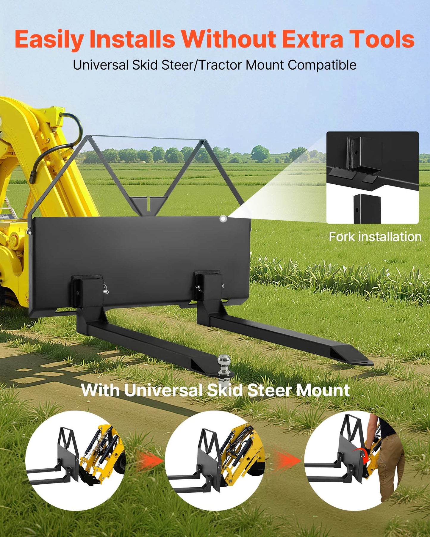 Skid Steer Pallet Forks, 2600 lbs Rated Capacity, Pallet Fork Frame Attachment with 48-inch Pallet Forks Blades, 1-7/8 inch Ball Hitch Receiver, Quick Tach Connection for Skid Steers, Tractors