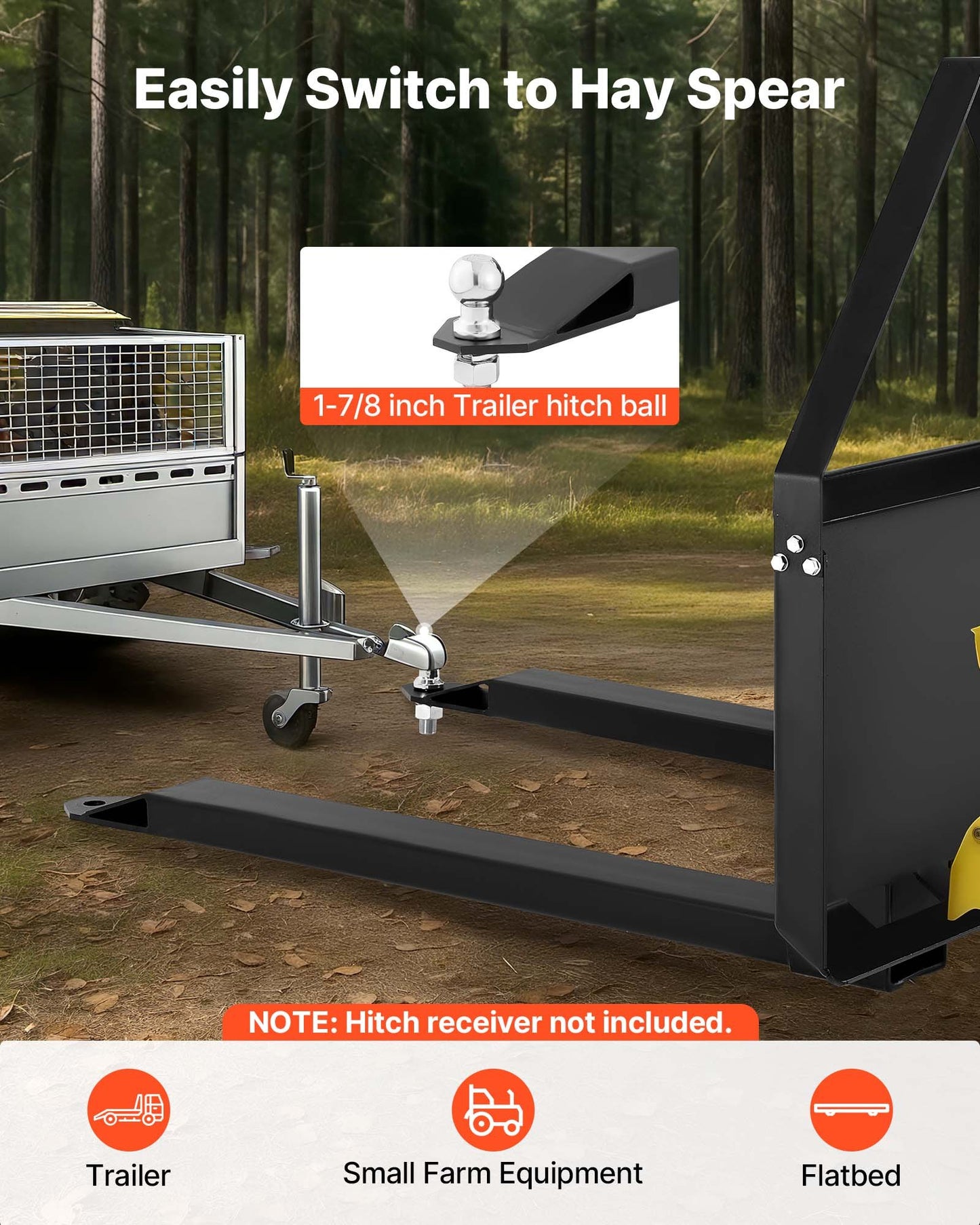 Skid Steer Pallet Forks, 2600 lbs Rated Capacity, Pallet Fork Frame Attachment with 48-inch Pallet Forks Blades, 1-7/8 inch Ball Hitch Receiver, Quick Tach Connection for Skid Steers, Tractors