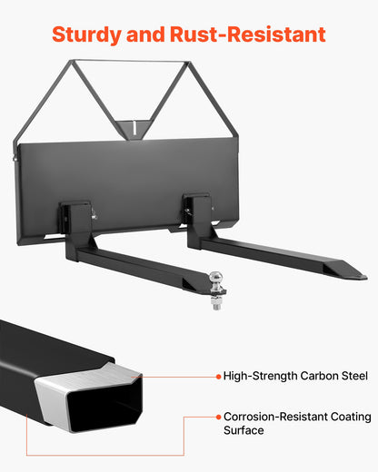 Skid Steer Pallet Forks, 2600 lbs Rated Capacity, Pallet Fork Frame Attachment with 48-inch Pallet Forks Blades, 1-7/8 inch Ball Hitch Receiver, Quick Tach Connection for Skid Steers, Tractors