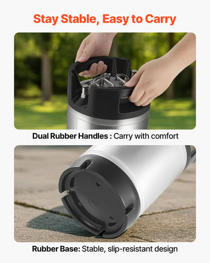 Corny Keg, 2.5 Gallon Ball Lock Keg, SUS304 Cold Brew Kegs with Dual Rubber Handles & Heavy-Duty Rubber Bottom, Brewing Equipment for Home Brewing Party, 2 PCS
