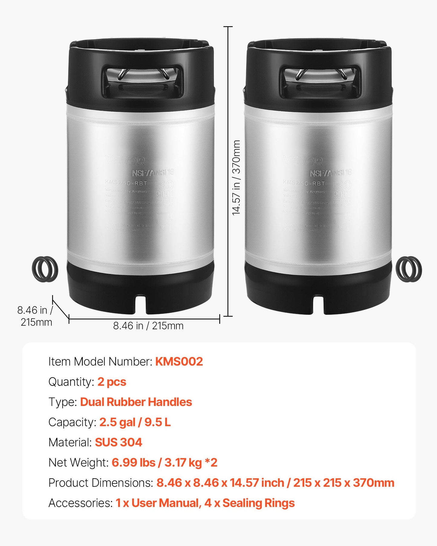 Corny Keg, 2.5 Gallon Ball Lock Keg, SUS304 Cold Brew Kegs with Dual Rubber Handles & Heavy-Duty Rubber Bottom, Brewing Equipment for Home Brewing Party, 2 PCS