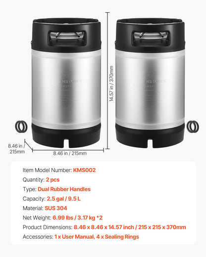 Corny Keg, 2.5 Gallon Ball Lock Keg, SUS304 Cold Brew Kegs with Dual Rubber Handles & Heavy-Duty Rubber Bottom, Brewing Equipment for Home Brewing Party, 2 PCS