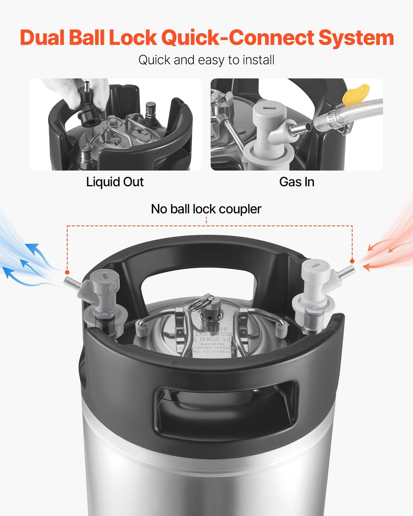 Corny Keg, 5 Gallon Ball Lock Keg, SUS304 Cold Brew Kegs with Dual Rubber Handles & Heavy-Duty Rubber Bottom, Brewing Equipment for Home Brewing Party, 1 PCS