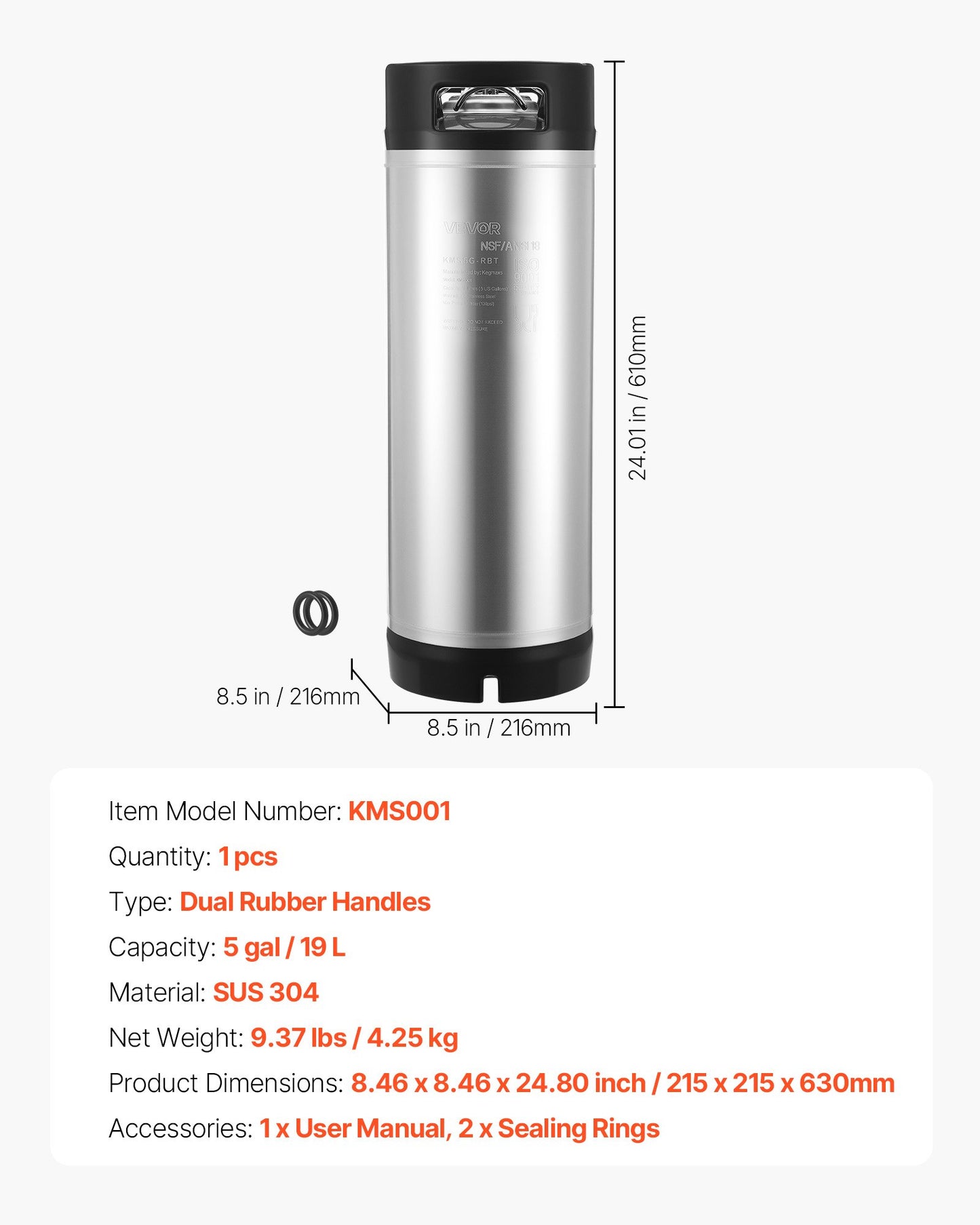 Corny Keg, 5 Gallon Ball Lock Keg, SUS304 Cold Brew Kegs with Dual Rubber Handles & Heavy-Duty Rubber Bottom, Brewing Equipment for Home Brewing Party, 1 PCS