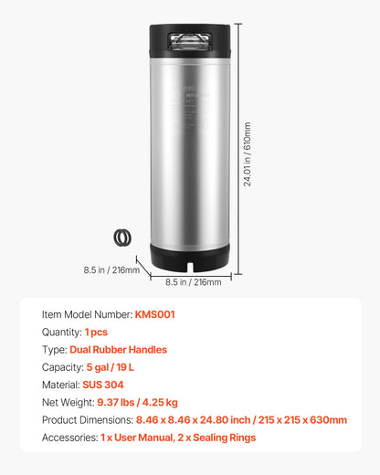 Corny Keg, 5 Gallon Ball Lock Keg, SUS304 Cold Brew Kegs with Dual Rubber Handles & Heavy-Duty Rubber Bottom, Brewing Equipment for Home Brewing Party, 1 PCS