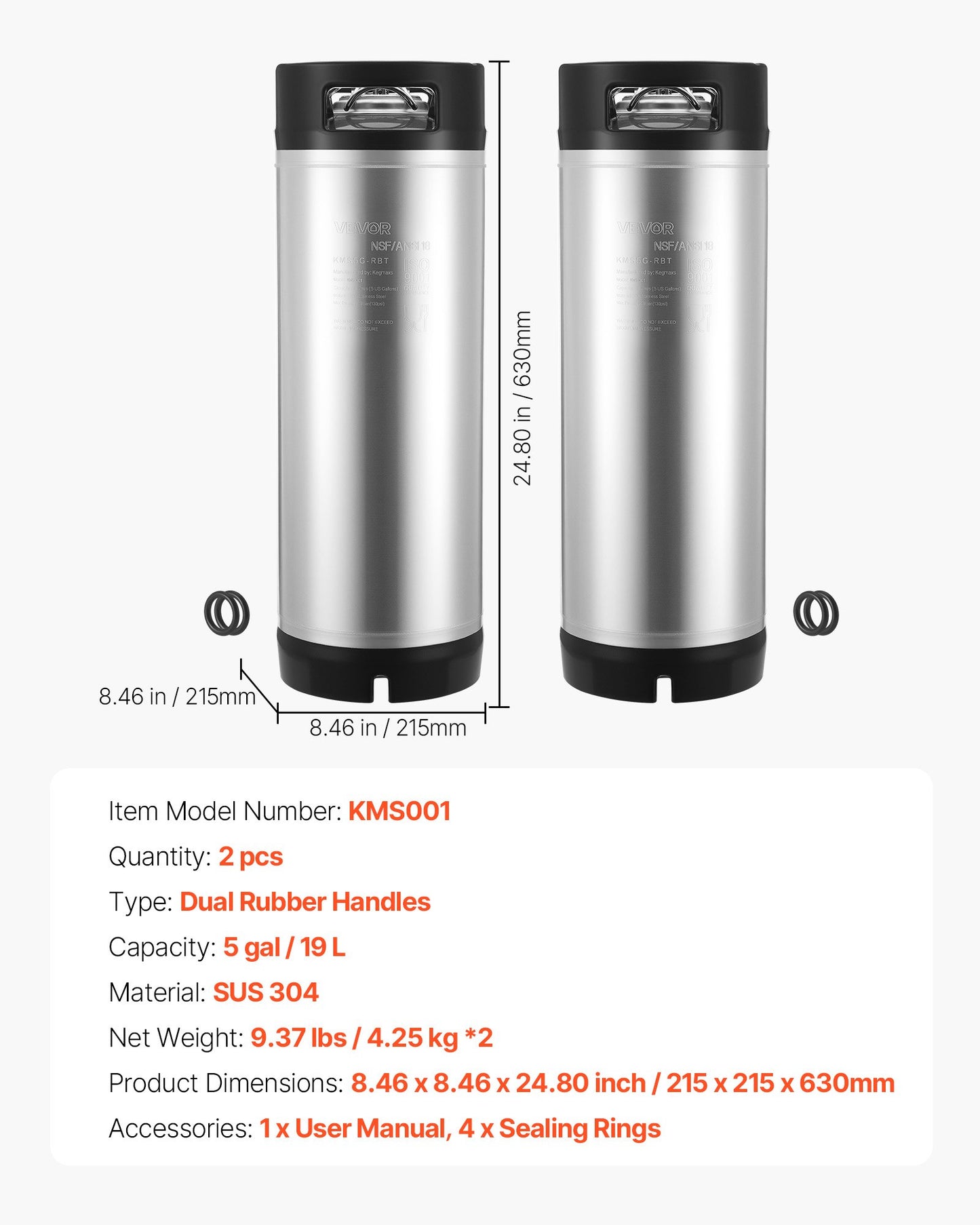 Corny Keg, 5 Gallon Ball Lock Keg, SUS304 Cold Brew Kegs with Dual Rubber Handles & Heavy-Duty Rubber Bottom, Brewing Equipment for Home Brewing Party, 2 PCS