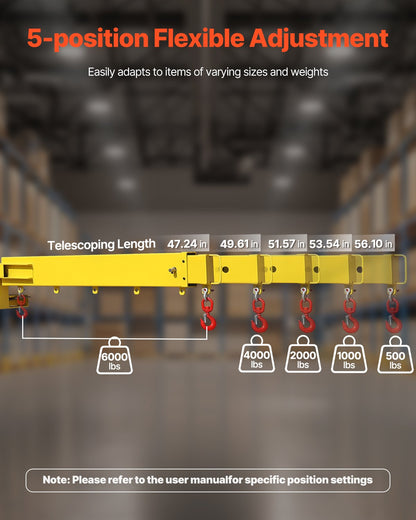 Forklift Jib Boom Crane, 6000lbs Capacity, Manual Telescoping Boom Extends Up to 56.1 inches, Forklift Mobile Crane with 2 Hooks, Adjustable Forklift Crane Attachment for Warehouse, Factories