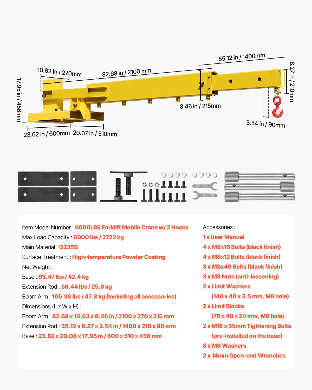 Forklift Jib Boom Crane, 6000lbs Capacity, Manual Telescoping Boom Extends Up to 56.1 inches, Forklift Mobile Crane with 2 Hooks, Adjustable Forklift Crane Attachment for Warehouse, Factories