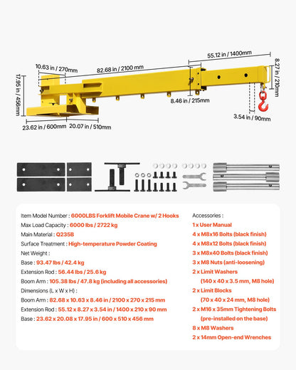 Forklift Jib Boom Crane, 6000lbs Capacity, Manual Telescoping Boom Extends Up to 56.1 inches, Forklift Mobile Crane with 2 Hooks, Adjustable Forklift Crane Attachment for Warehouse, Factories