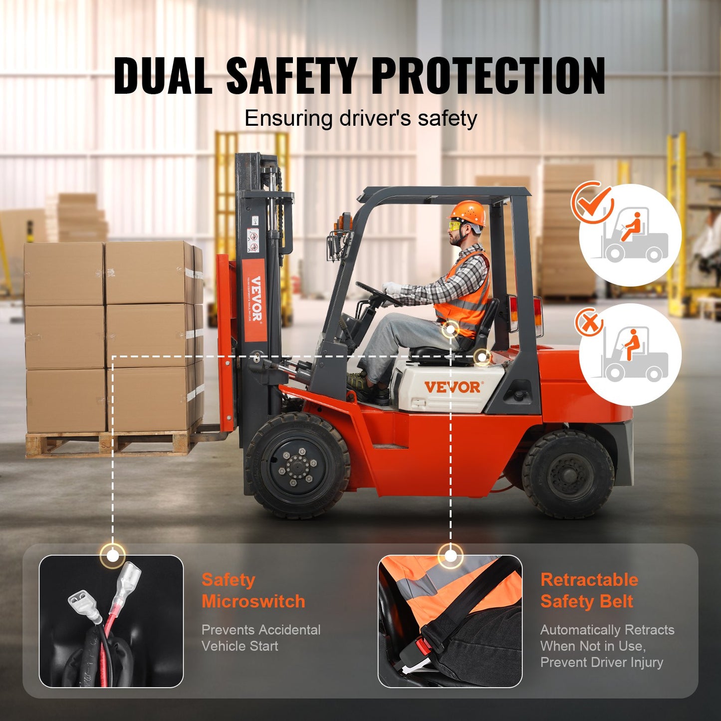 Universal Forklift Seat, Fold-Down Tractor Seat with Adjustable Angle Back, Micro Switch and Retractable Seat Belt, 6.3-13.4 Inch Slit Forklift Seat for Tractor Loader Excavator