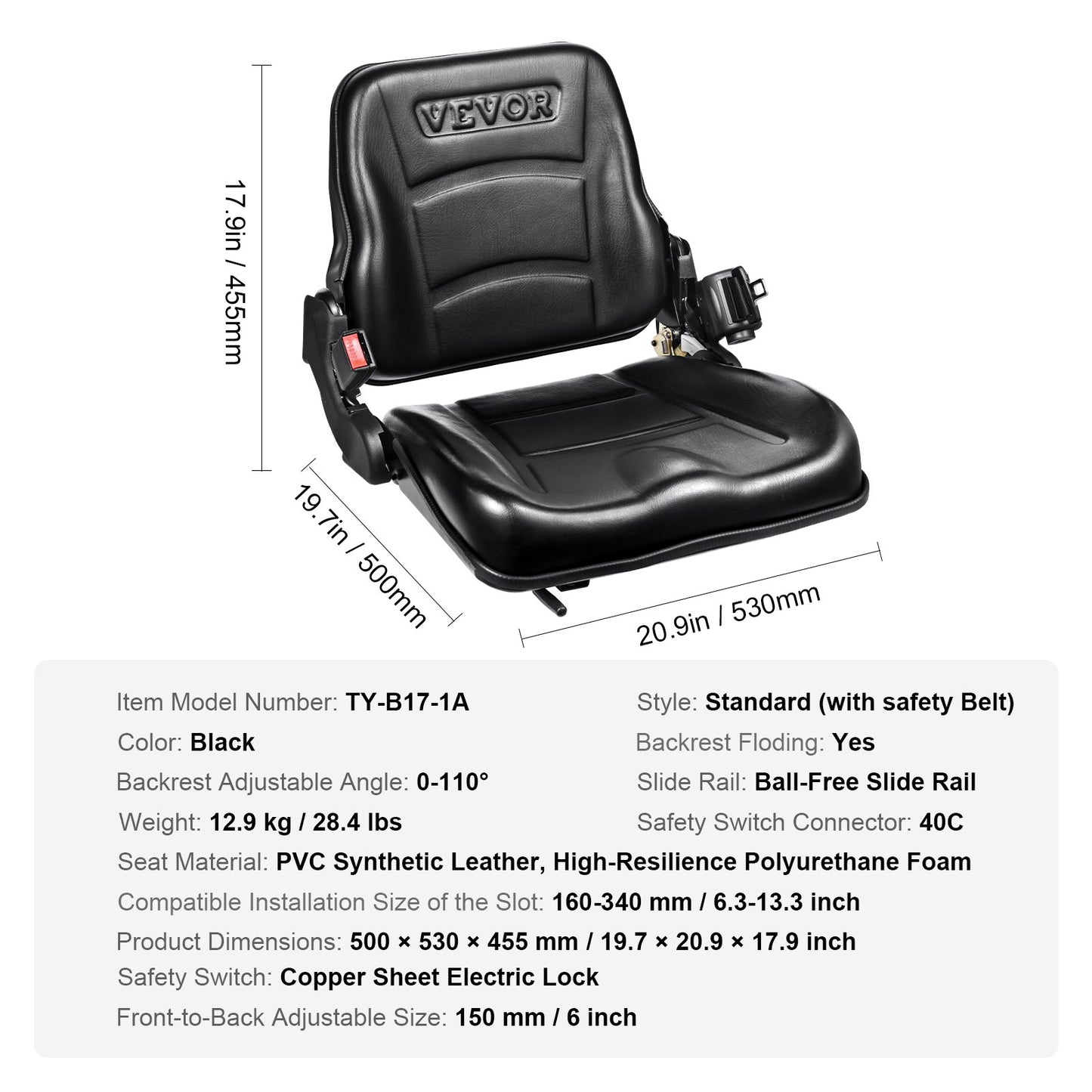 Universal Forklift Seat, Fold-Down Tractor Seat with Adjustable Angle Back, Micro Switch and Retractable Seat Belt, 6.3-13.4 Inch Slit Forklift Seat for Tractor Loader Excavator