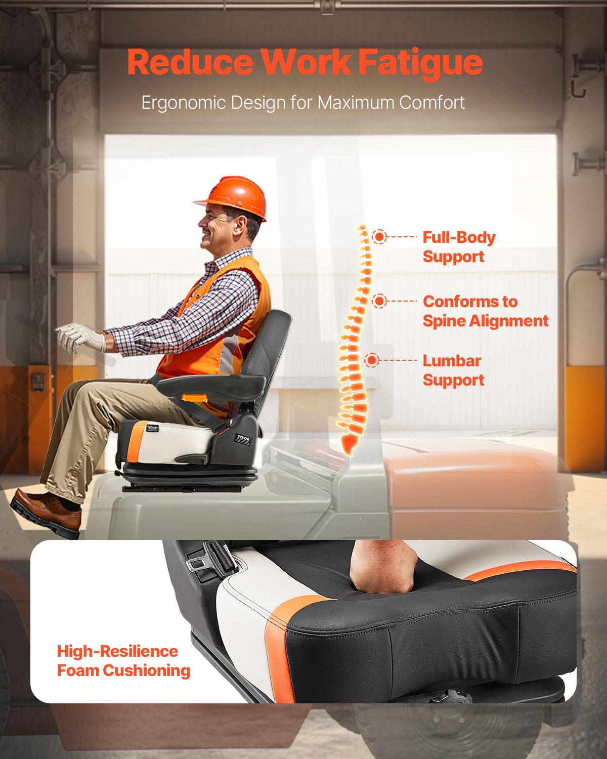 Universal gaffeltrucksäte Nedfällbar traktorfjädrad sits Justerbar rygg