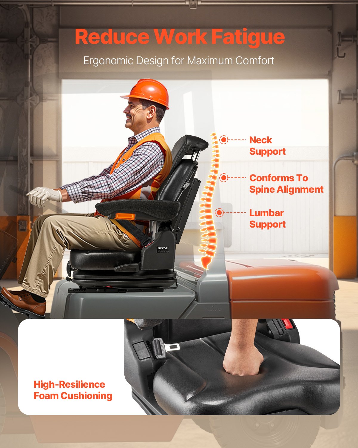 Gabelstaplersitz Klappbarer Traktor-Federsitz Verstellbare Rückenlehne und Kopfstütze