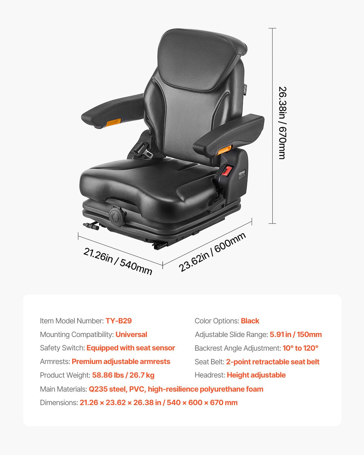 Gabelstaplersitz Klappbarer Traktor-Federsitz Verstellbare Rückenlehne und Kopfstütze