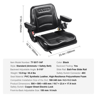 Universal-Gabelstaplersitz, Klappbarer Traktorsitz mit verstellbarem Rückenwinkel, Mikroschalter, Sicherheitsgurt und Armlehne, 6,3-13,4 Zoll Kettentraktorsitz für Baggerlader