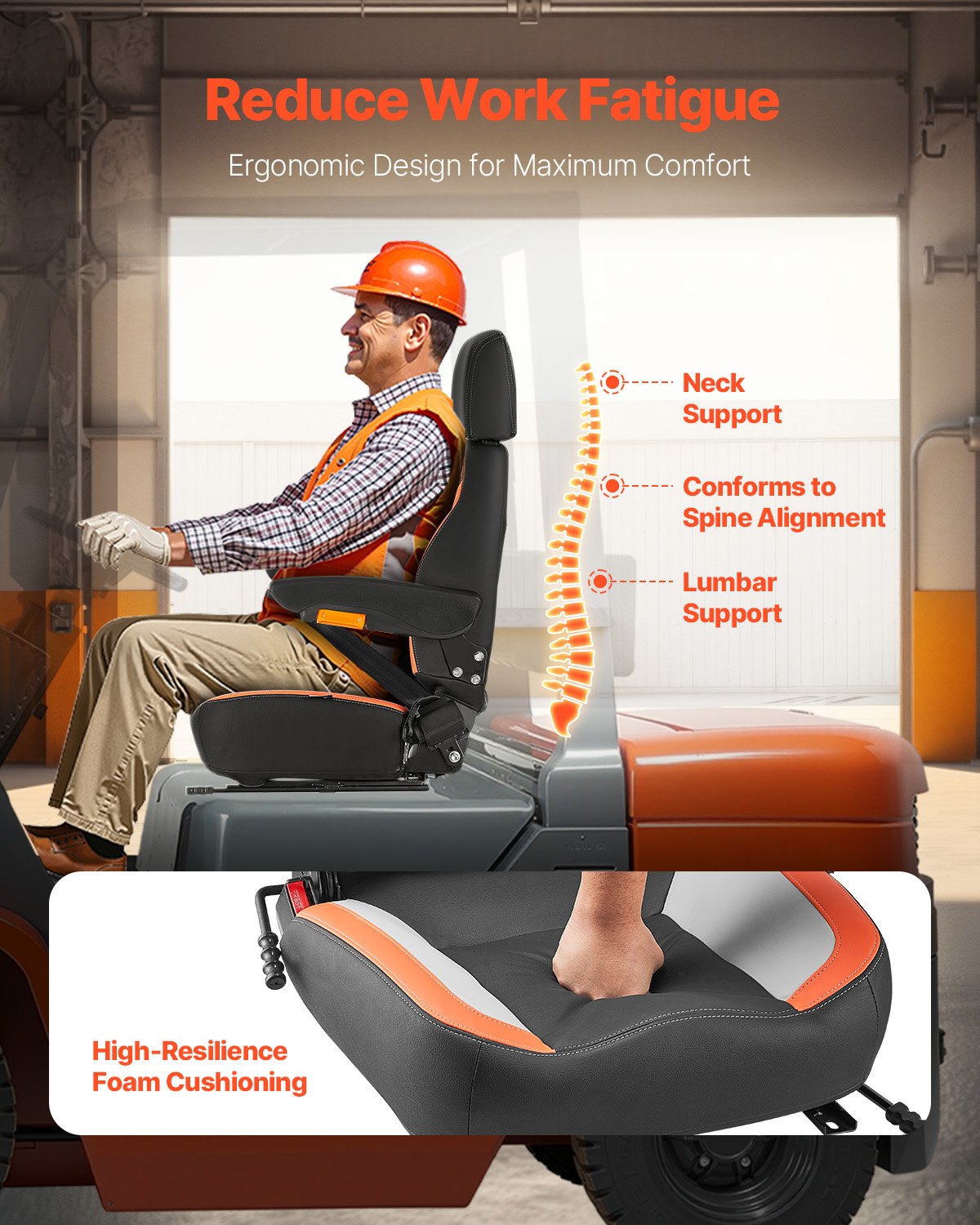 Universal Forklift Seat, Tractor Seat with Adjustable Back, Armrest, Headrest & Safety Belt, Secure Tractor Seat with Micro Switch, Ergonomic Lawnmower Seat for Skid Loader Bulldozer
