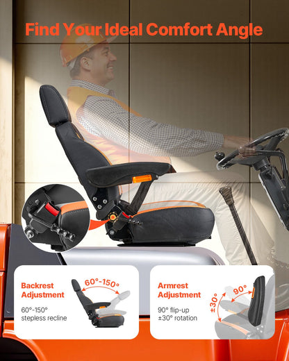 Universal Forklift Seat, Tractor Seat with Adjustable Back, Armrest, Headrest & Safety Belt, Secure Tractor Seat with Micro Switch, Ergonomic Lawnmower Seat for Skid Loader Bulldozer