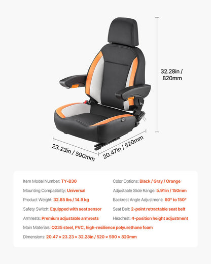 Universal Forklift Seat, Tractor Seat with Adjustable Back, Armrest, Headrest & Safety Belt, Secure Tractor Seat with Micro Switch, Ergonomic Lawnmower Seat for Skid Loader Bulldozer