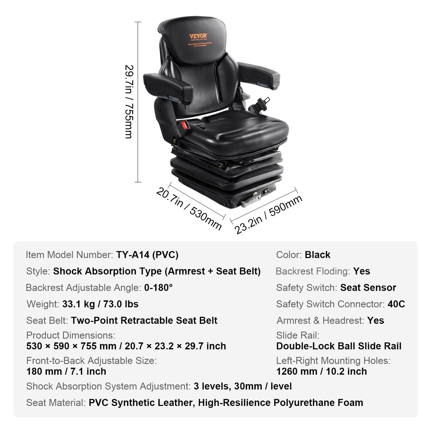 Universal Tractor seat Suspension, Fold Down Forklift Seat with Adjustable Angle Back, Micro Switch, Seatbelt and Armrests, 3-level Shock Absorption Tractor Seat for Tractor Loader Excavator