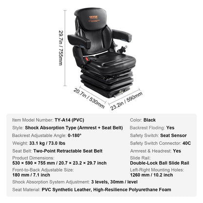 Universal Tractor seat Suspension, Fold Down Forklift Seat with Adjustable Angle Back, Micro Switch, Seatbelt and Armrests, 3-level Shock Absorption Tractor Seat for Tractor Loader Excavator