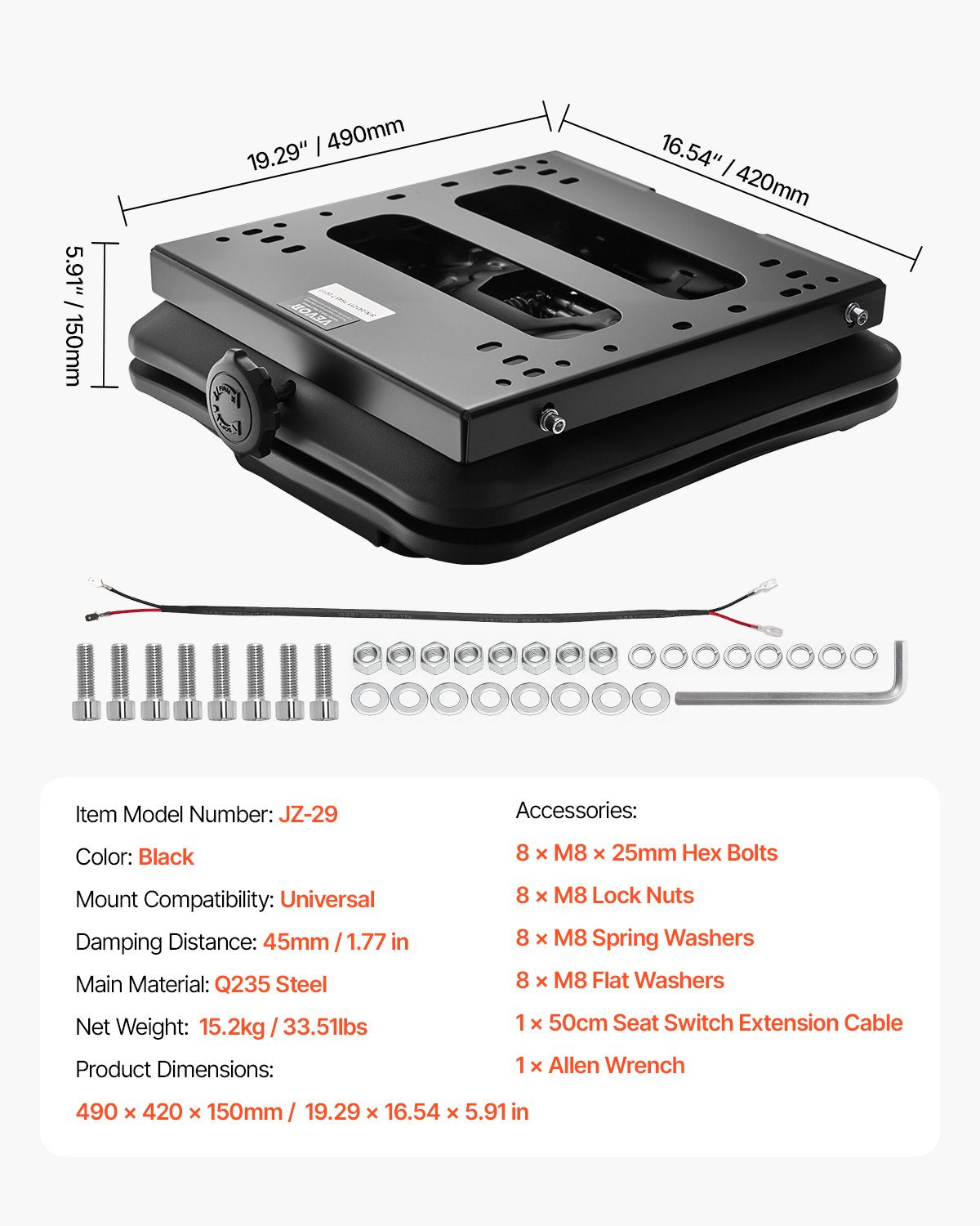 Sätesupphängningssats utan skjutspår passar gräsklippare med gaffeltruck