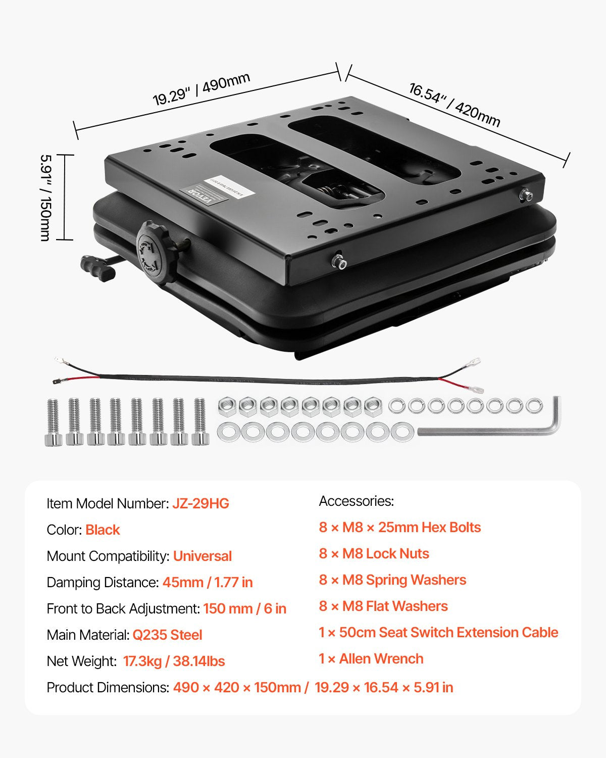 Sätesupphängningssats med skjutreglage och dammskydd passar gräsklippare gaffeltruck