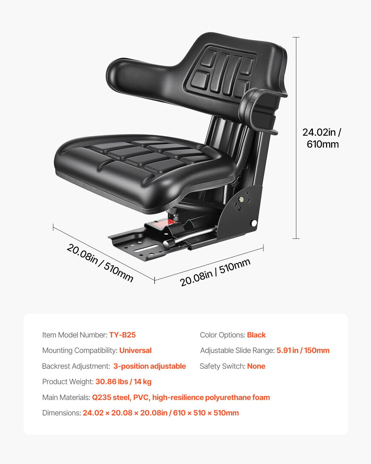 Vattentät gaffeltrucksäte justerbar traktorupphängning sätesklippare grävare