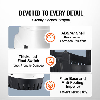 Bilge Pump, 750GPH 12V Automatic Submersible Boat Bilge Water Pump with Float Switch, 0.7" Outlet Diameter, Small Boat Bilge Pump, Marine Electric Bilge Pump for Boats, Ponds, Pools, Basements