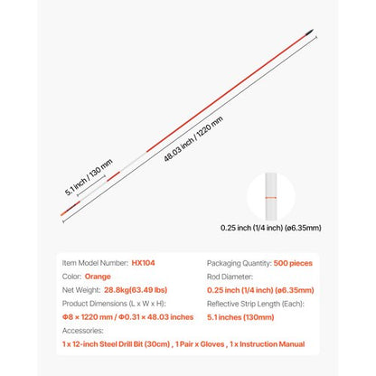 500 Stück reflektierende Einfahrtsmarkierungen 1/4" Durchmesser 48 Zoll Schneeheringe Reflektoren
