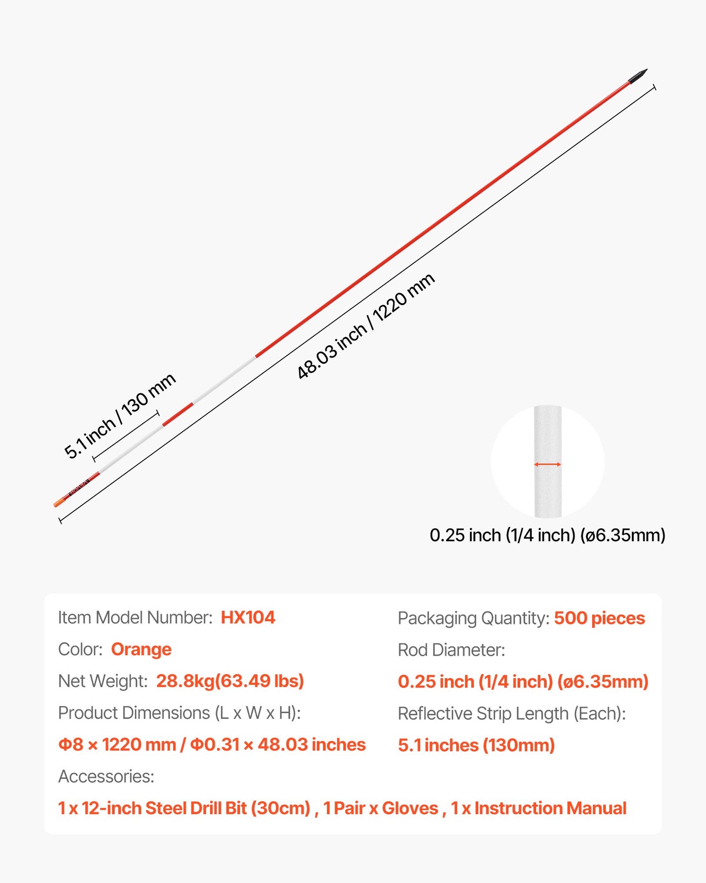 Driveway Markers, 500Pcs 48 in Long 1/4 in Dia, Hi-Visibility Driveway Reflectors with 12 in Steel Drill Bits, Reflective Snow Sticks Fiberglass Pole for Parking Lots, Walkways, Snow Plowing