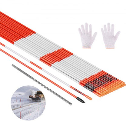 Driveway Markers, 200Pcs 48 in Long 1/4 in Dia, Hi-Visibility Driveway Reflectors with 12 in Steel Drill Bits, Reflective Snow Sticks Fiberglass Pole for Parking Lots, Walkways, Snow Plowing