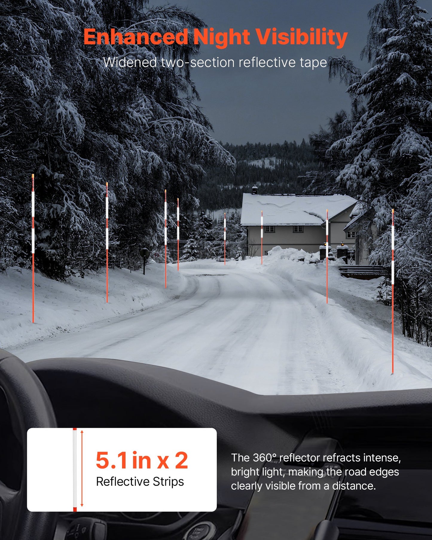 Driveway Markers, 200Pcs 48 in Long 1/4 in Dia, Hi-Visibility Driveway Reflectors with 12 in Steel Drill Bits, Reflective Snow Sticks Fiberglass Pole for Parking Lots, Walkways, Snow Plowing