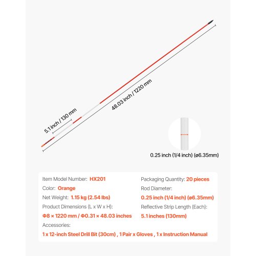 20 Stück reflektierende Einfahrtsmarkierungen 1/4" Durchmesser 48 Zoll Schneeheringe Reflektoren
