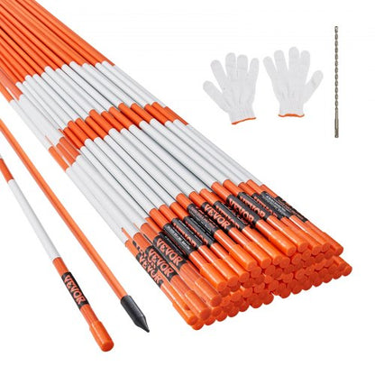 Driveway Markers, 100 PCS 48 inch, 0.31 inch Diameter, Orange Fiberglass Poles Snow Stakes with Reflective Tape, 12" Steel Drill Bit & Protection Gloves for Parking Lots, Walkways Easy Visibility